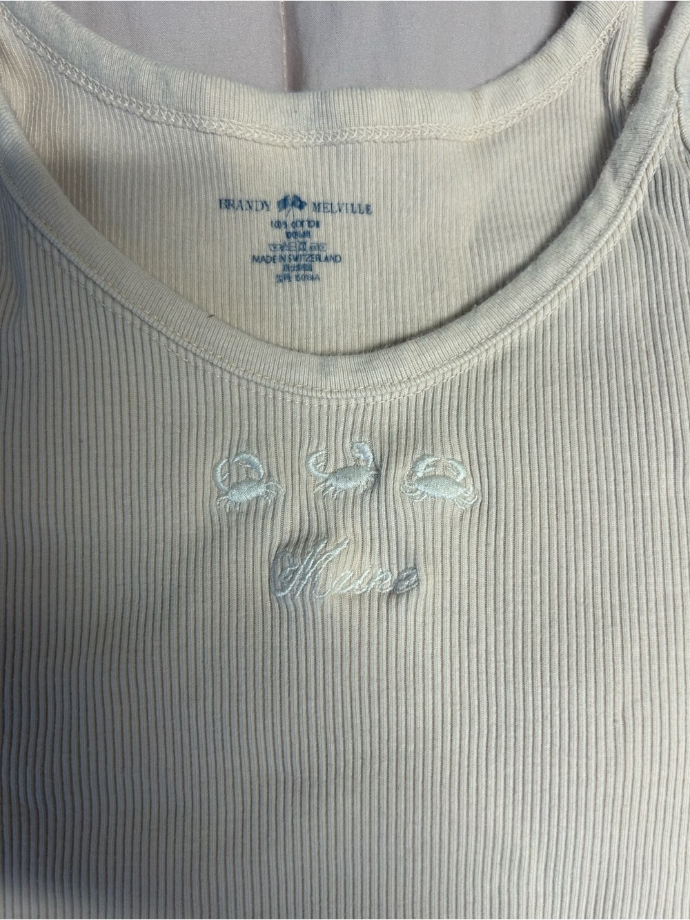 Brandy Melville Cream Ribbed Tank with Subtle Embroidery - Picture 4 of 5
